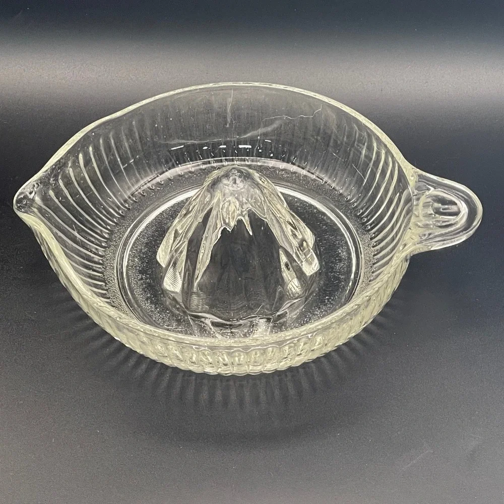 Vintage Glass Citrus Juicer Reamer Clear Ribbed Hand Press Excellent